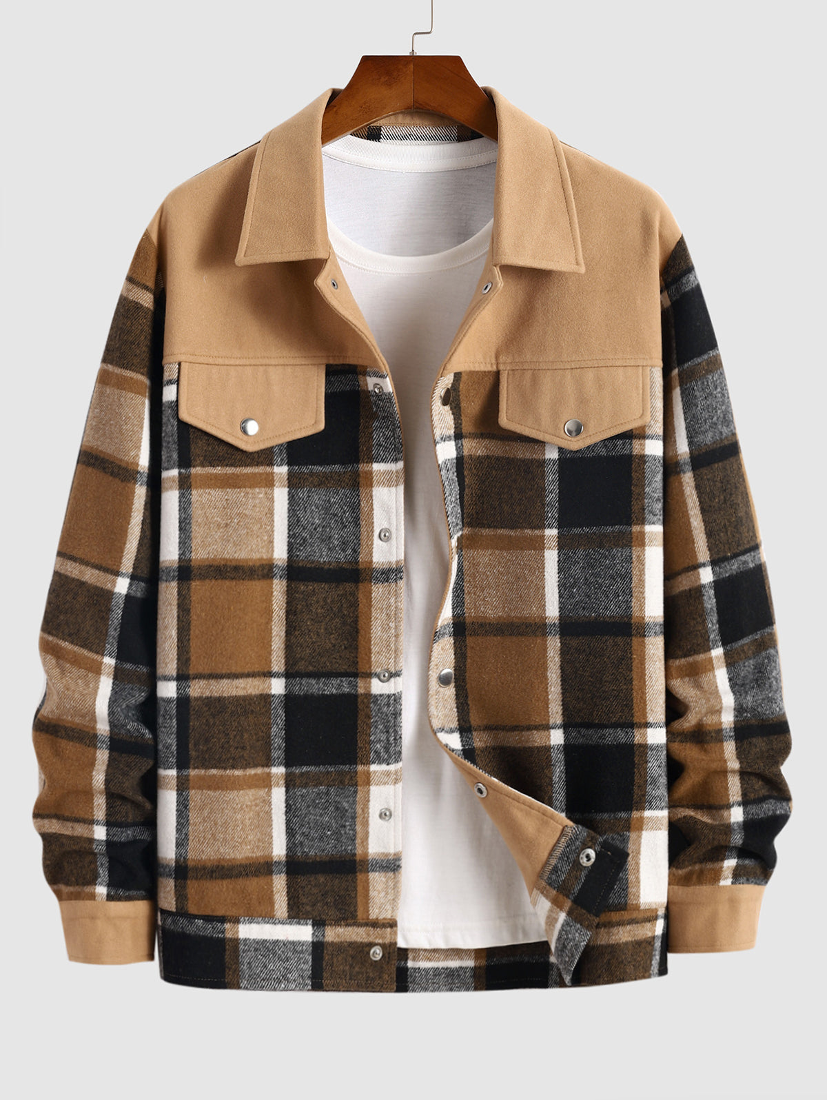 Men's Casual Plaid Pattern Woolen Spliced Button Front Jacket