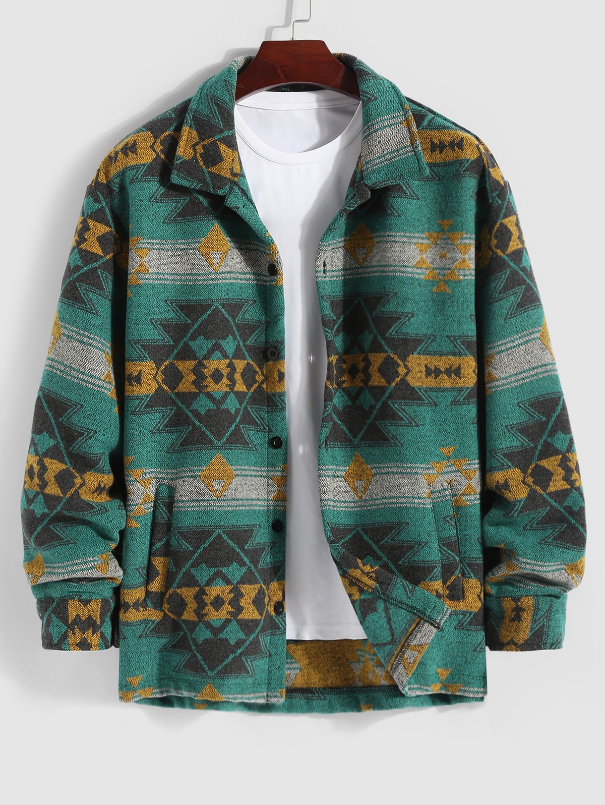 Men's Ethnic Aztec Printed Button Front Slant Pocket Woolen Jacket Kosyway