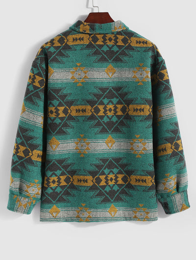 Men's Ethnic Aztec Printed Button Front Slant Pocket Woolen Jacket Kosyway