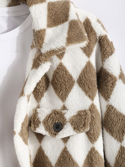 Men's Colorblock Argyle Pattern Button Front Fluffy Teddy Fleece Jacket