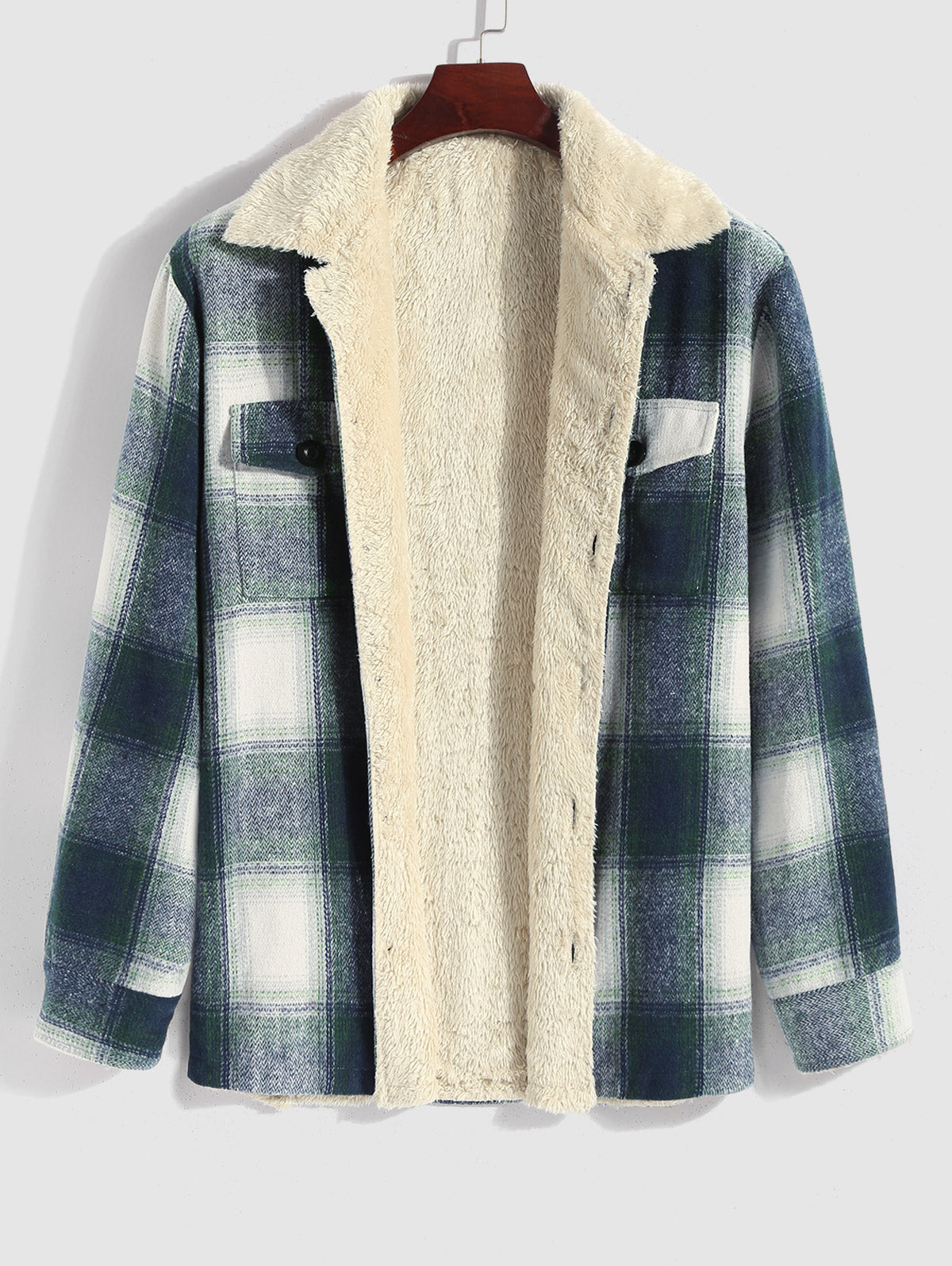 Men's Casual Plaid Pattern Front Pocket Thermal Fluffy Fleece-lined Jacket