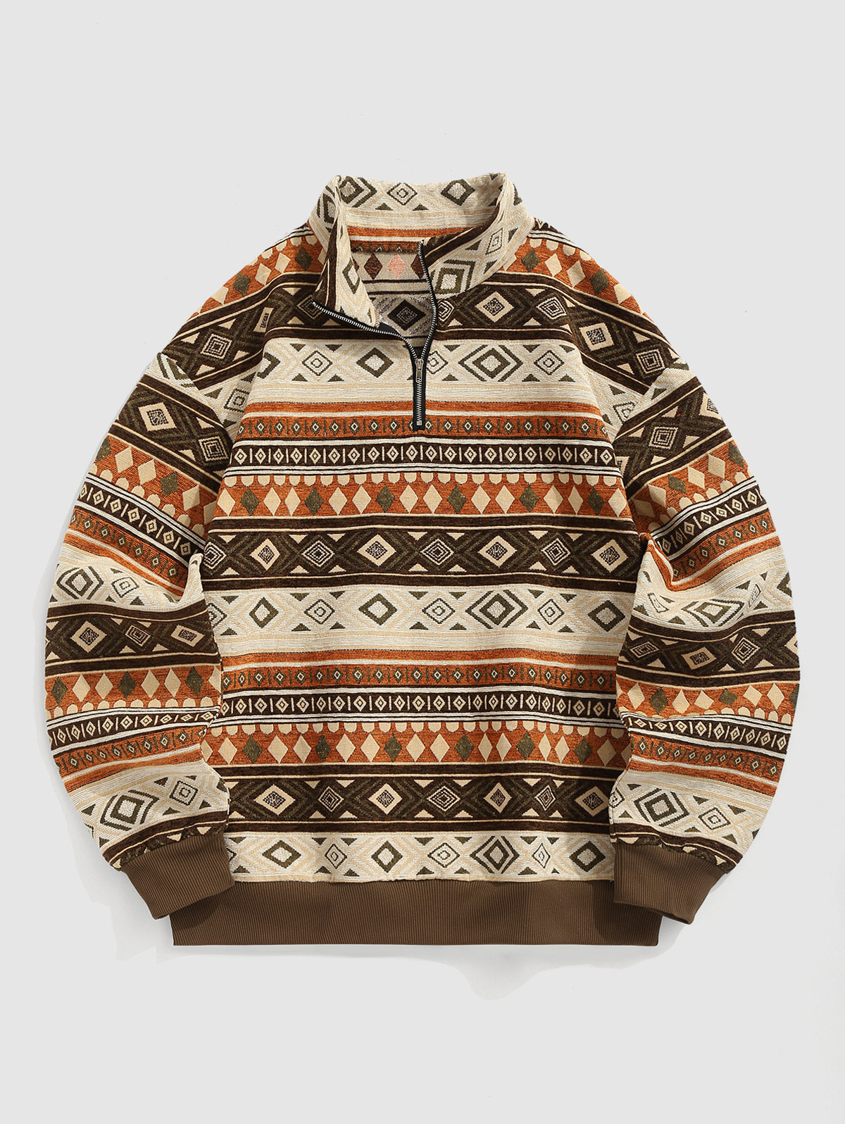 Men's Ethnic Aztec Geometric Jacquard Flocking Quarter Zip Stand Collar Woolen Pullover Sweatshirt Kosyway