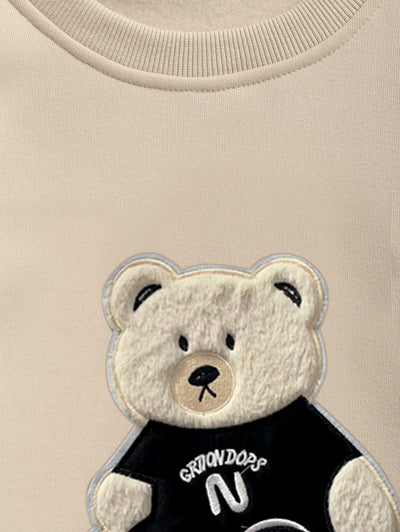 Men's Bear Embroidered Fuzzy Fleece-lined Crew Neck Pullover Sweatshirt