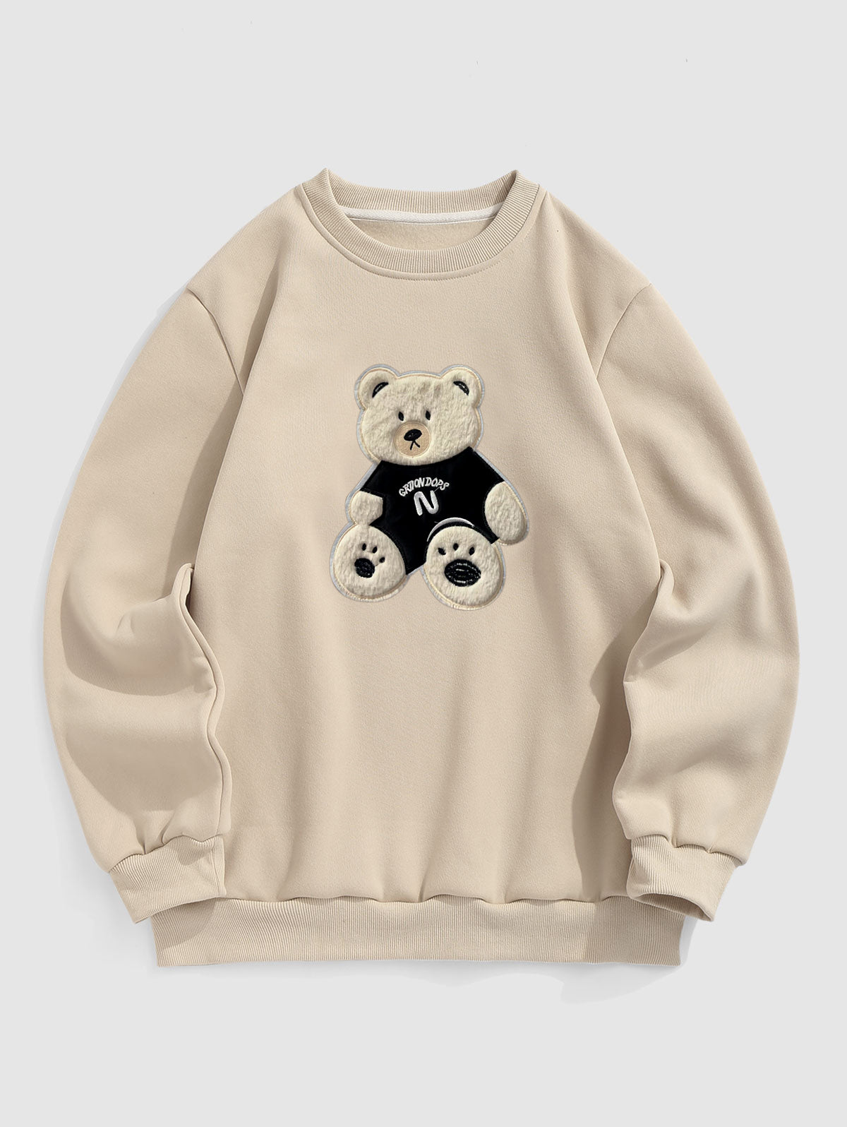 Men's Bear Embroidered Fuzzy Fleece-lined Crew Neck Pullover Sweatshirt