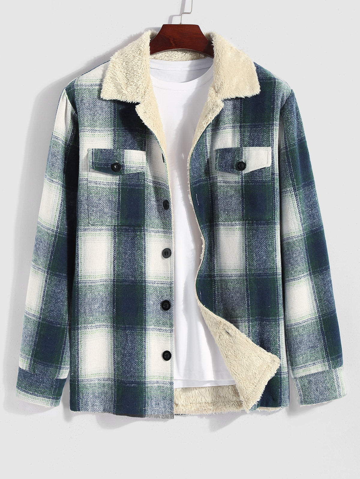 Men's Casual Plaid Pattern Front Pocket Thermal Fluffy Fleece-lined Jacket