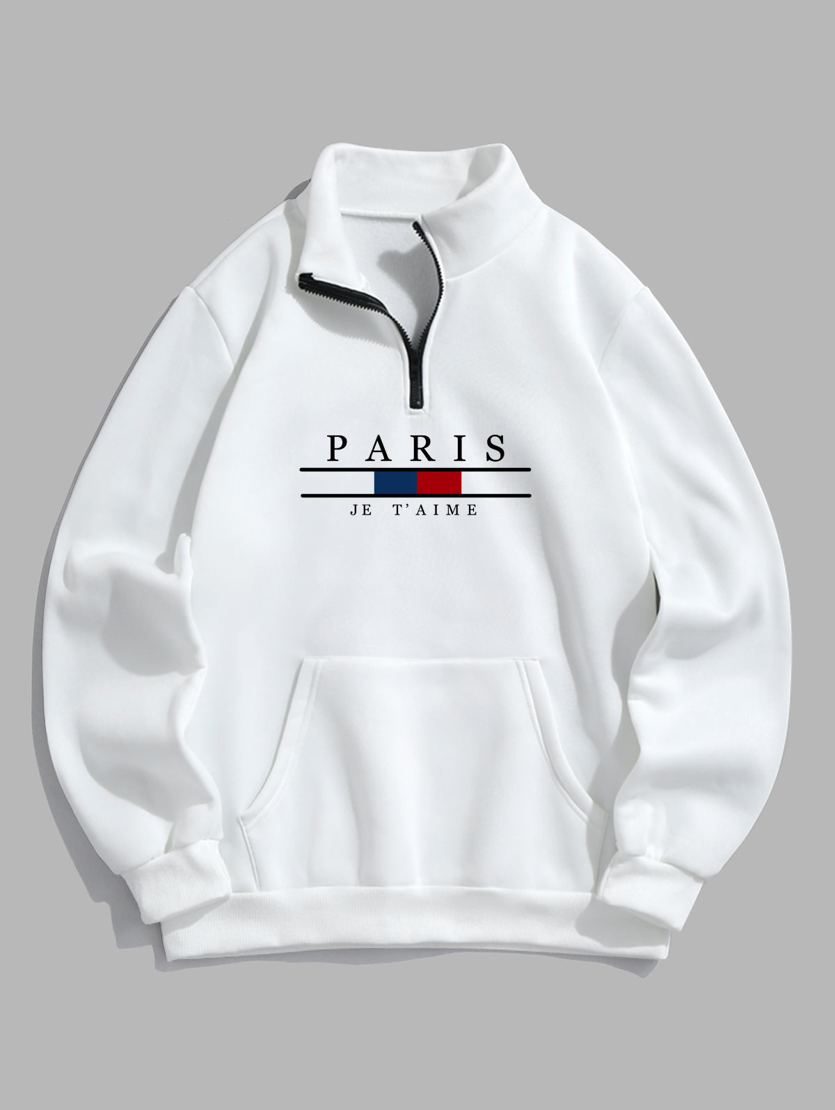 Men's PARIS Letter Kangaroo Pocket Quarter Zip Fleece-lined Stand Collar Pullover Sweatshirt