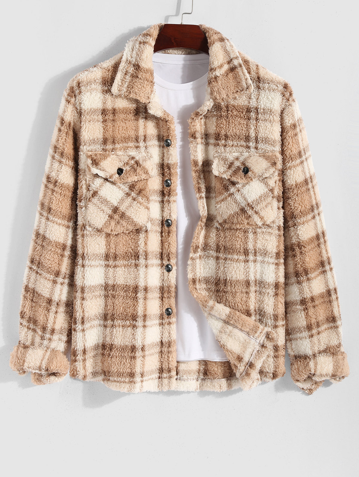 Men's Colorblock Plaid Pattern Front Pocket Fluffy Teddy Fleece Turn-down Collar Jacket