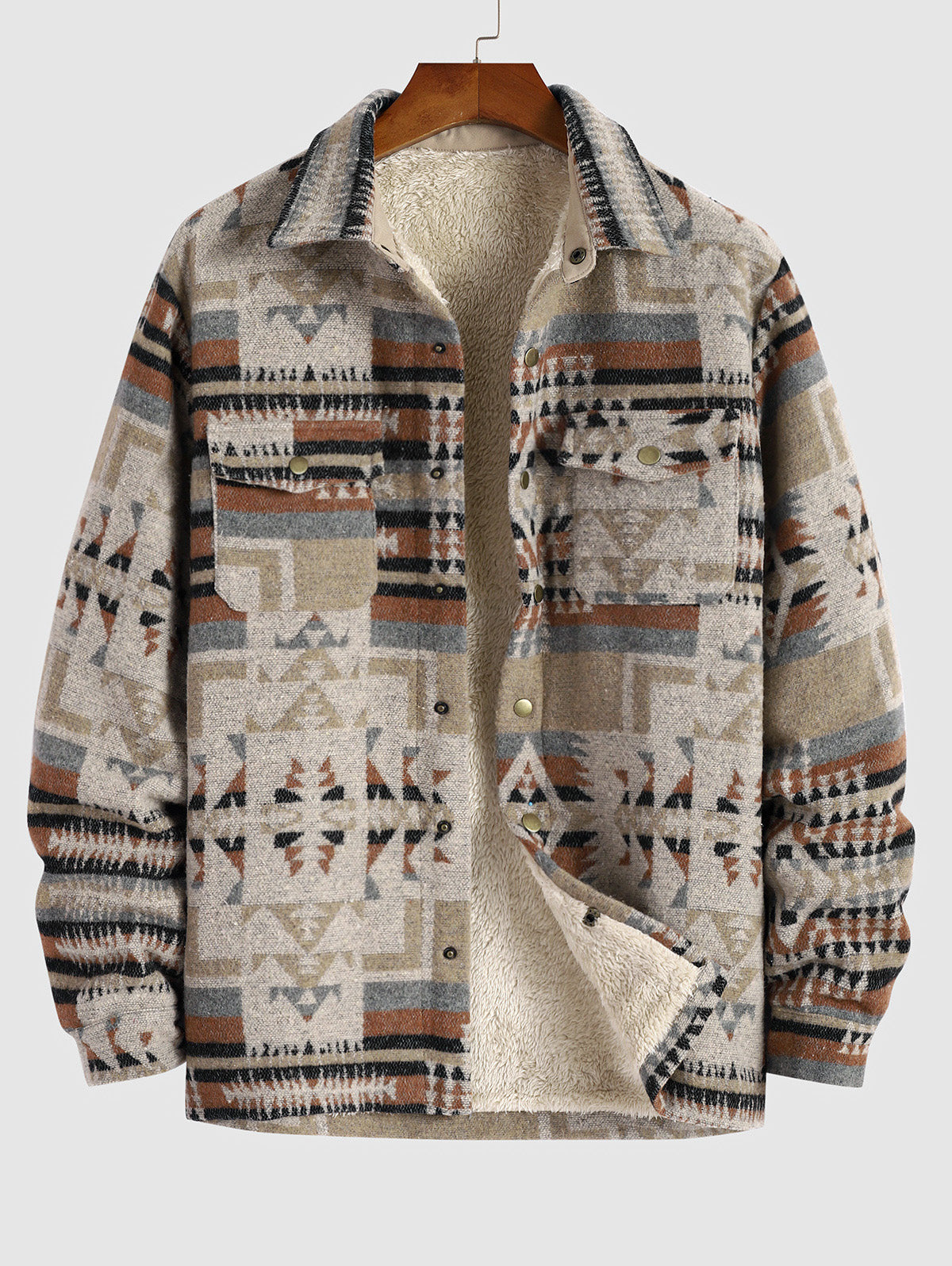 Men's Ethnic Woolen Geometric Aztec Print Shacket Pocket Fleece Lined Fluffy Jacket