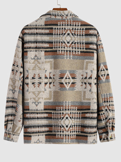 Men's Ethnic Woolen Geometric Aztec Print Shacket Pocket Fleece Lined Fluffy Jacket