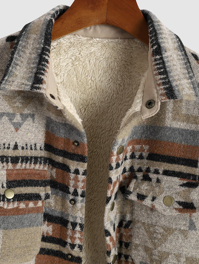 Men's Ethnic Woolen Geometric Aztec Print Shacket Pocket Fleece Lined Fluffy Jacket