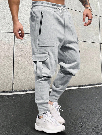 Men's Solid Color Fleece-lined Multi-pocket Drawstring Beam Feet Cargo Jogger Pants