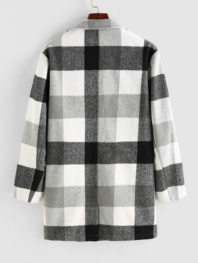 Men's Plaid Pattern Button Front Faux Woolen Long Coat Kosyway