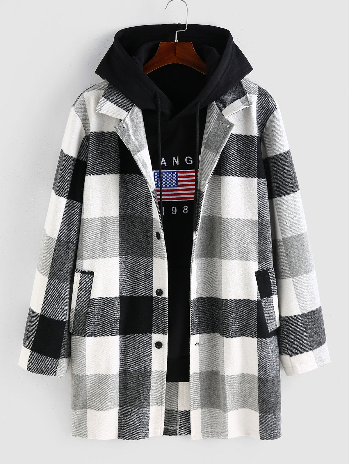 Men's Plaid Pattern Button Front Faux Woolen Long Coat Kosyway