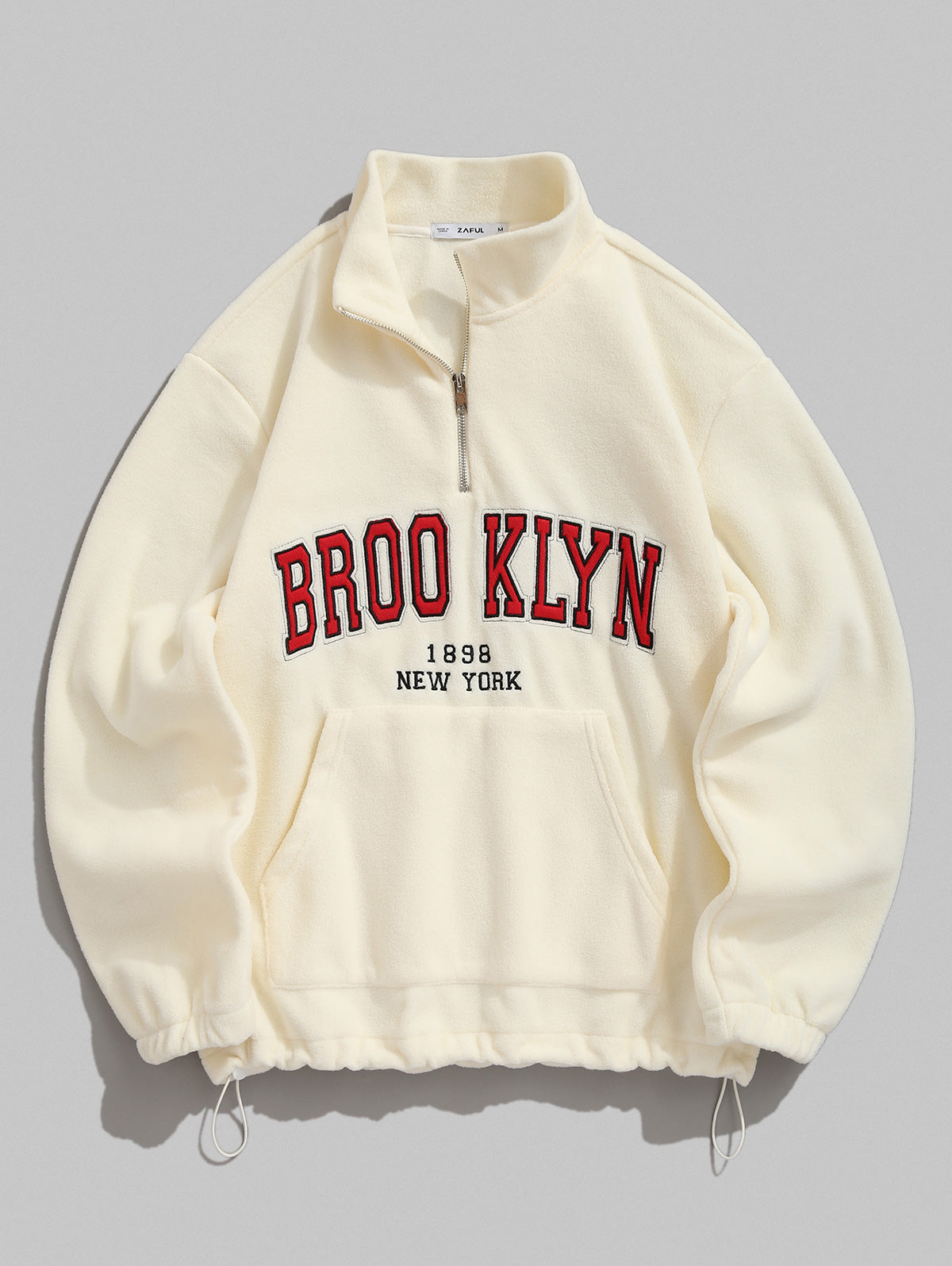 Men's Quarter Zip BROOKLYN NEW YORK Embroidery Polar Fleece Kangaroo Pocket Toggle Drawstring Sweatshirt