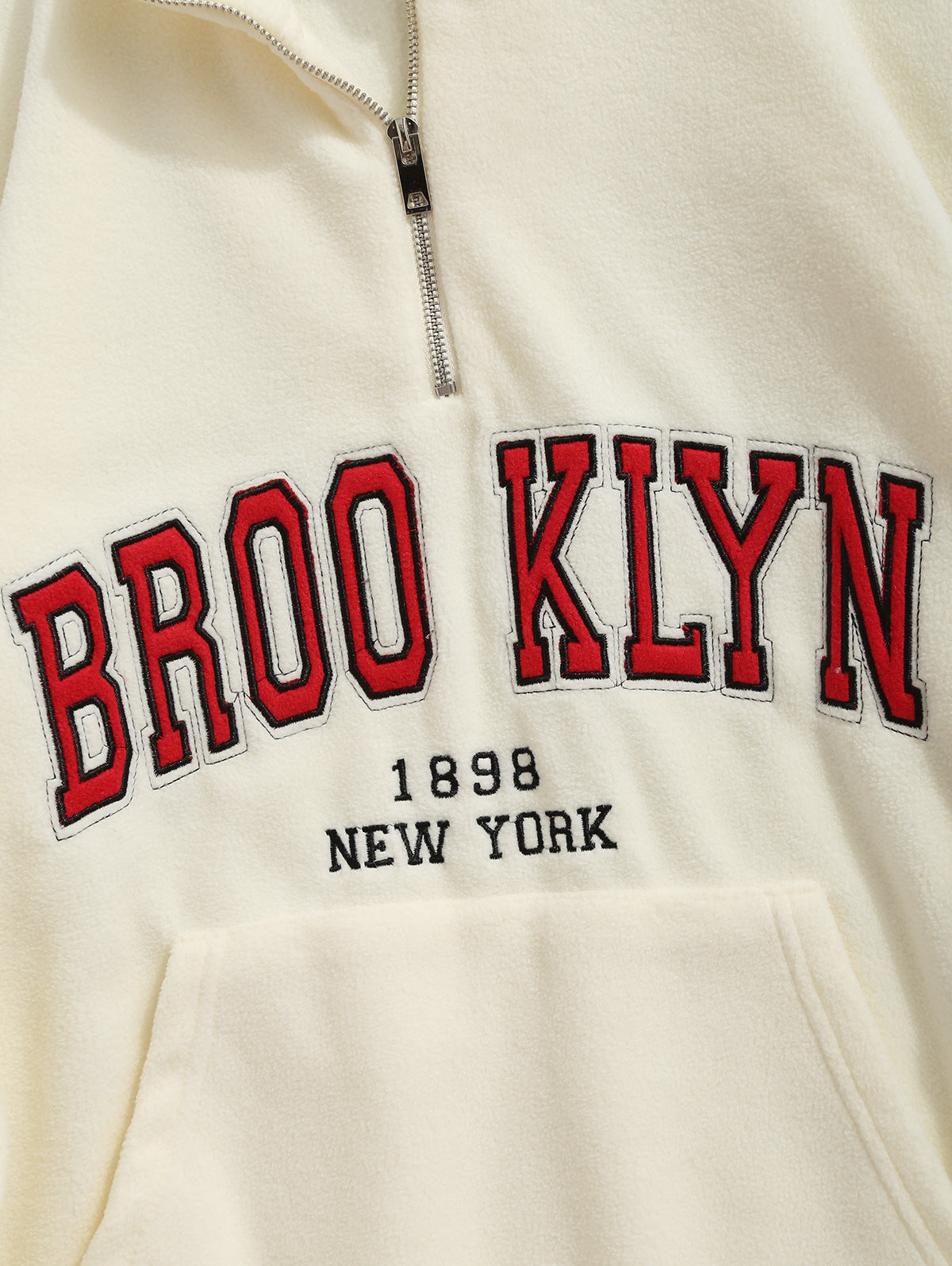 Men's Quarter Zip BROOKLYN NEW YORK Embroidery Polar Fleece Kangaroo Pocket Toggle Drawstring Sweatshirt