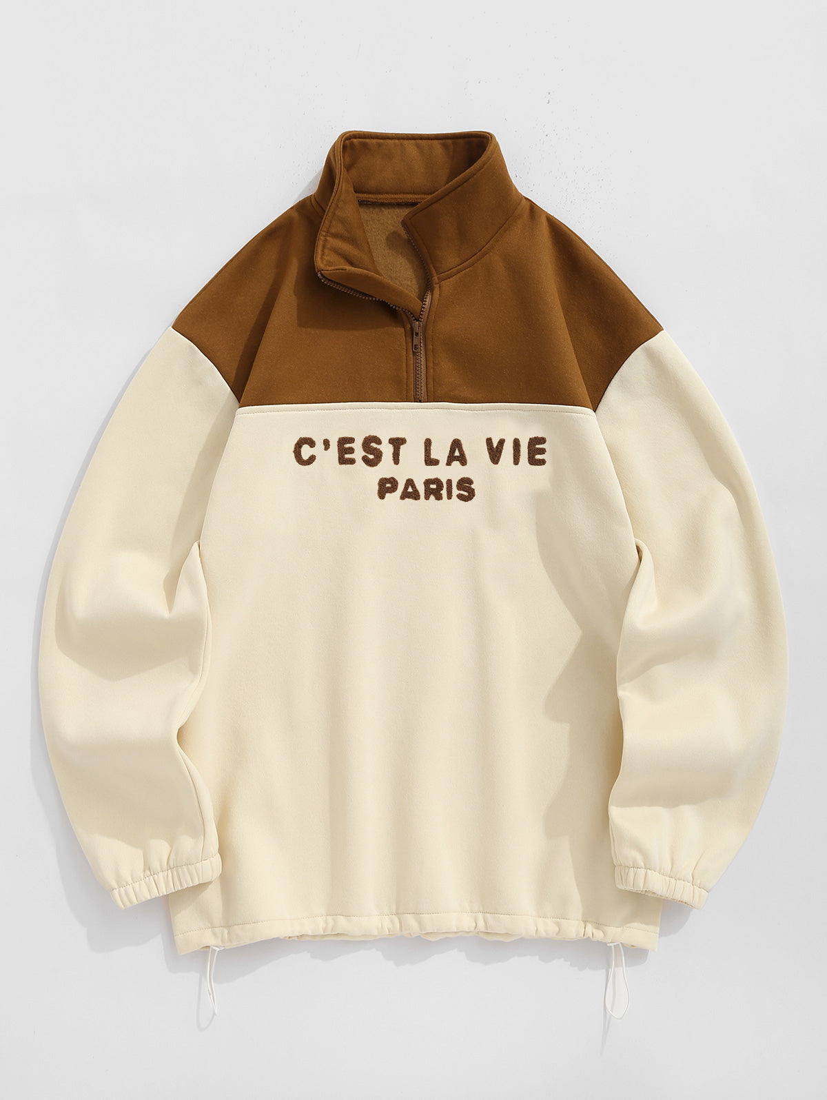 Men's Fleece Lined Colorblock Two Tone C'EST LA VIE PARIS Letter Terry Embroidery Quarter Zip Toggle Drawstring Sweatshirt