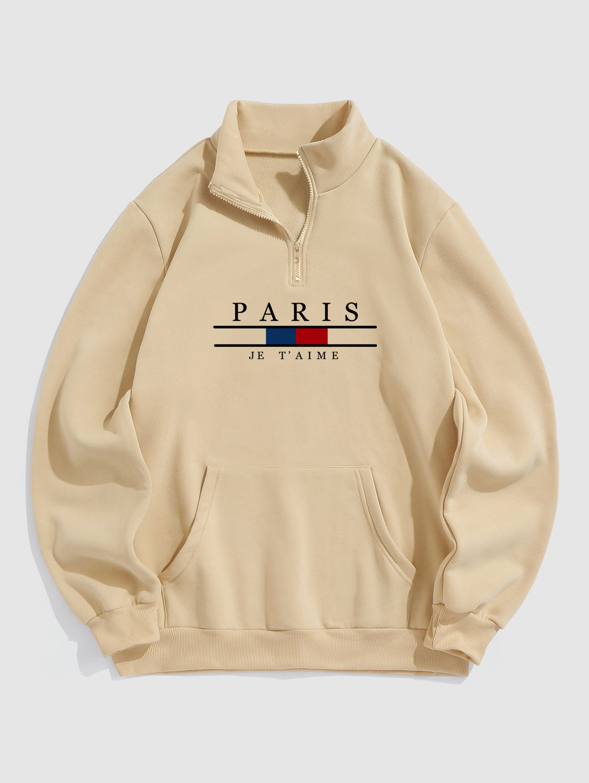 Men's PARIS Letter Kangaroo Pocket Quarter Zip Fleece-lined Stand Collar Pullover Sweatshirt