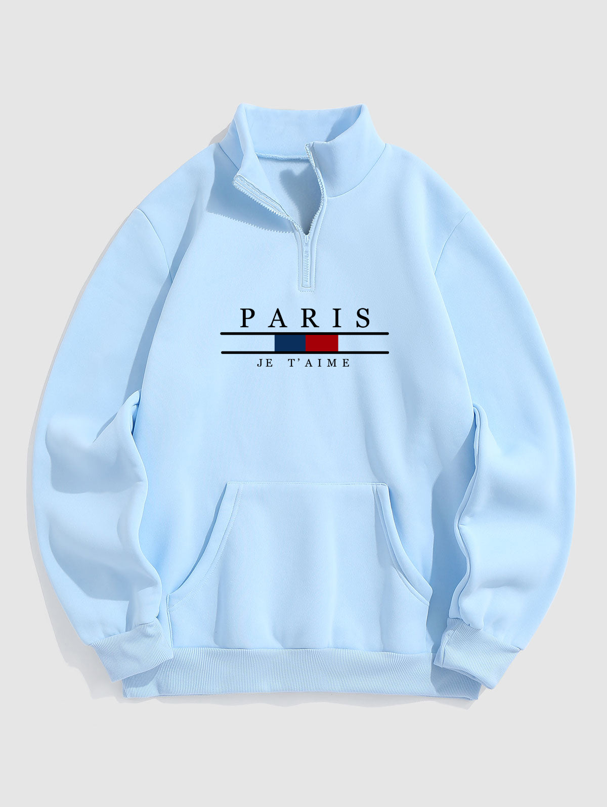 Men's PARIS Letter Kangaroo Pocket Quarter Zip Fleece-lined Stand Collar Pullover Sweatshirt