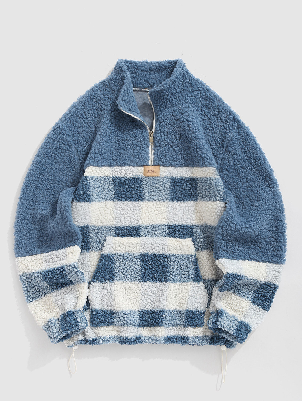 Men's Plaid Colorblock Quarter Zip Fuzzy Fluffy Sherpa Fleece Stand Collar Kangaroo Pocket Pullover Sweatshirt