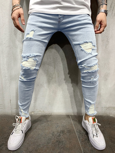 Mens Casual Ripped Frayed Tapered Jeans