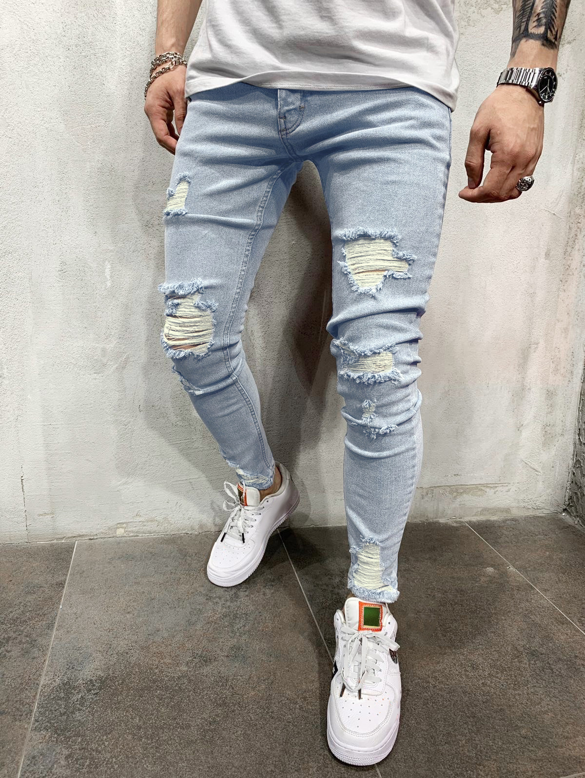 Mens Casual Ripped Frayed Tapered Jeans